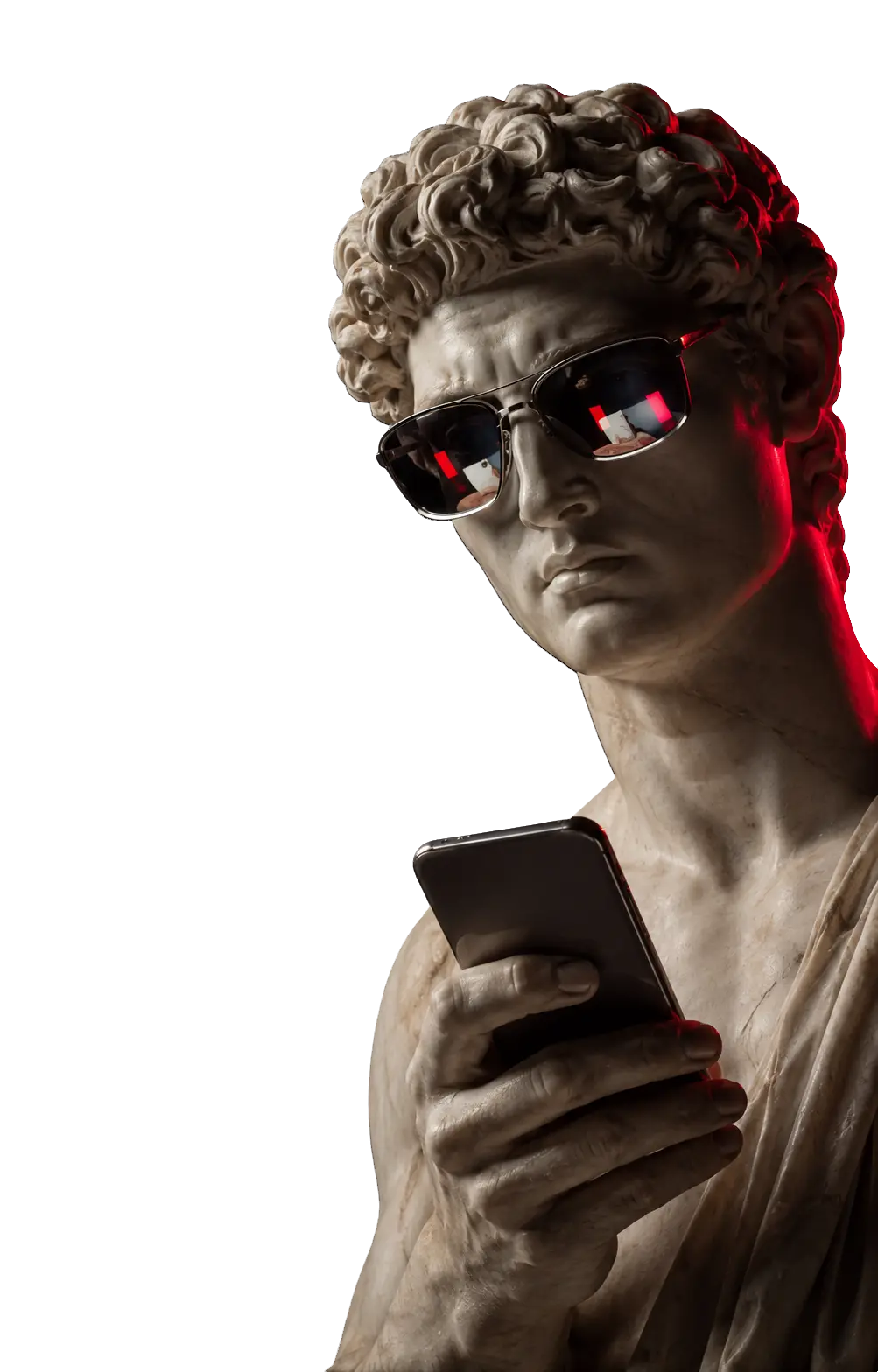 Estátua grega contemporânea usando óculos escuros e segurando um smartphone